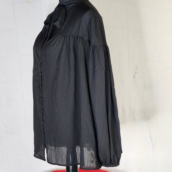 Time and Tru Black Soot Long Sleeve Tie Neck Polyester Relaxed Fit Button Up Top - Picture 8 of 16